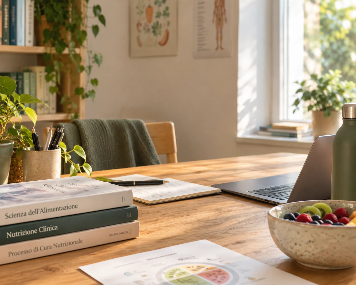 Una scrivania con libri di nutrizione, appunti e un portatile, alla luce del mattino